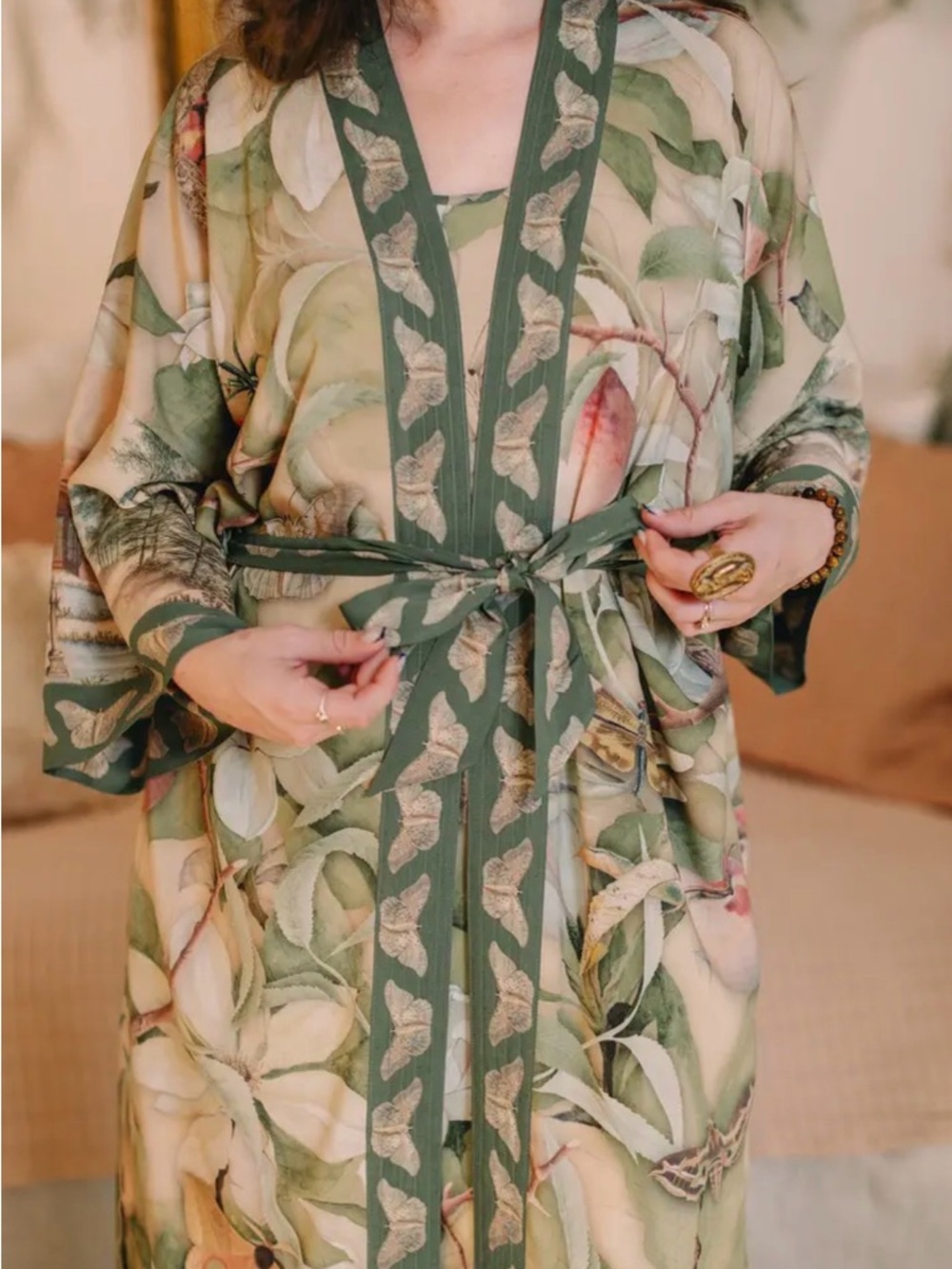 Market of Stars Fleur De Soliel Floral Green Botanical Kimono Robe